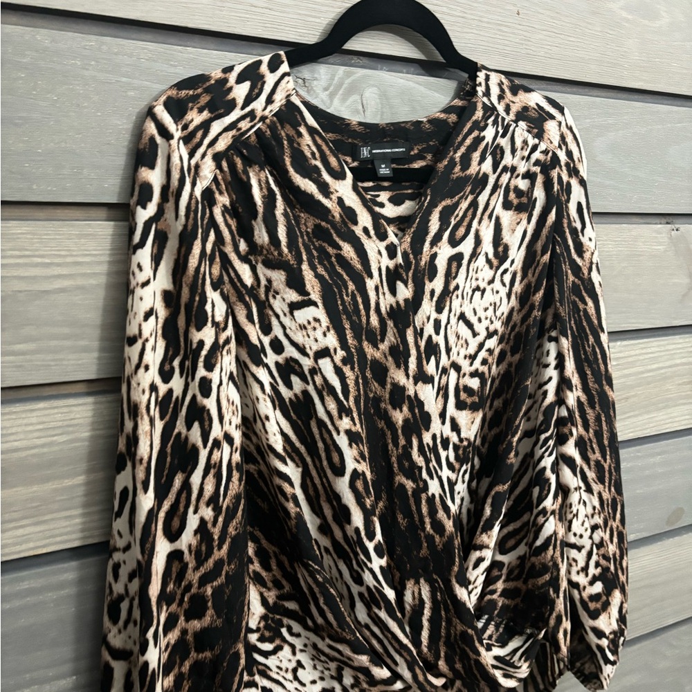 INC International Concepts Brown and Cream Graphic Blouse with Long Sleeves